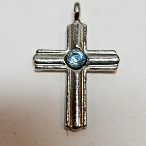 Jim Morris Sterling Silver Hand Hammered Cross Pendant Blue Crystal Stone MINT